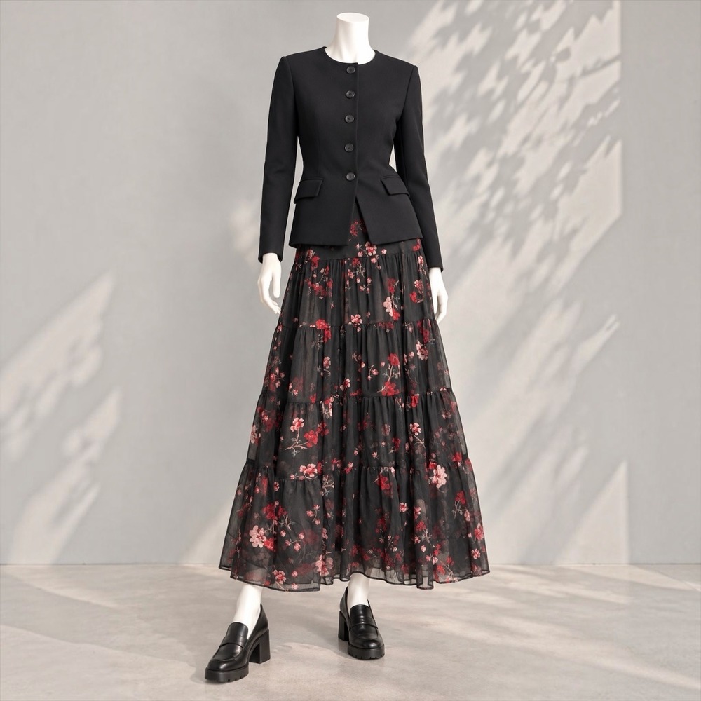 Lauren Ralph Lauren Black Red Floral Tiered Maxi Skirt M Whimsigoth Boho